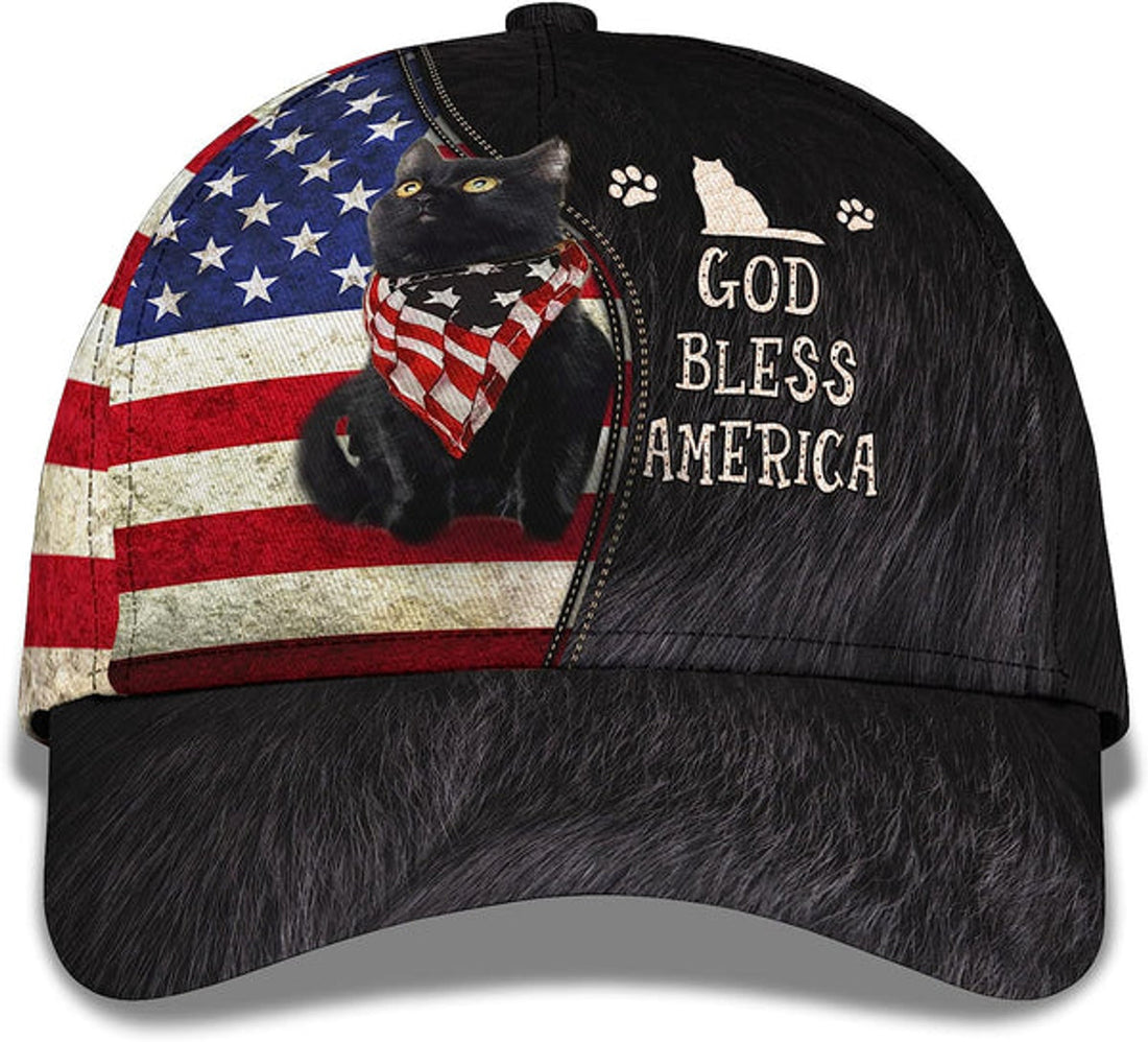 FUNSTUFFPRINT Cute Cat Us Flag God Bless America All Over Print Baseball Cap - Christian Hats For Men Women