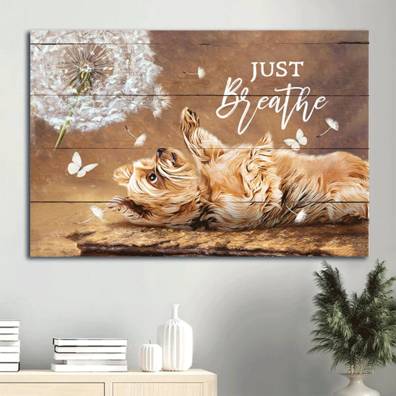 Cute Little Yorkshire Terrier Dandelion Just Breath Yorkshire Canvas Wall Art - Christian Wall Decor
