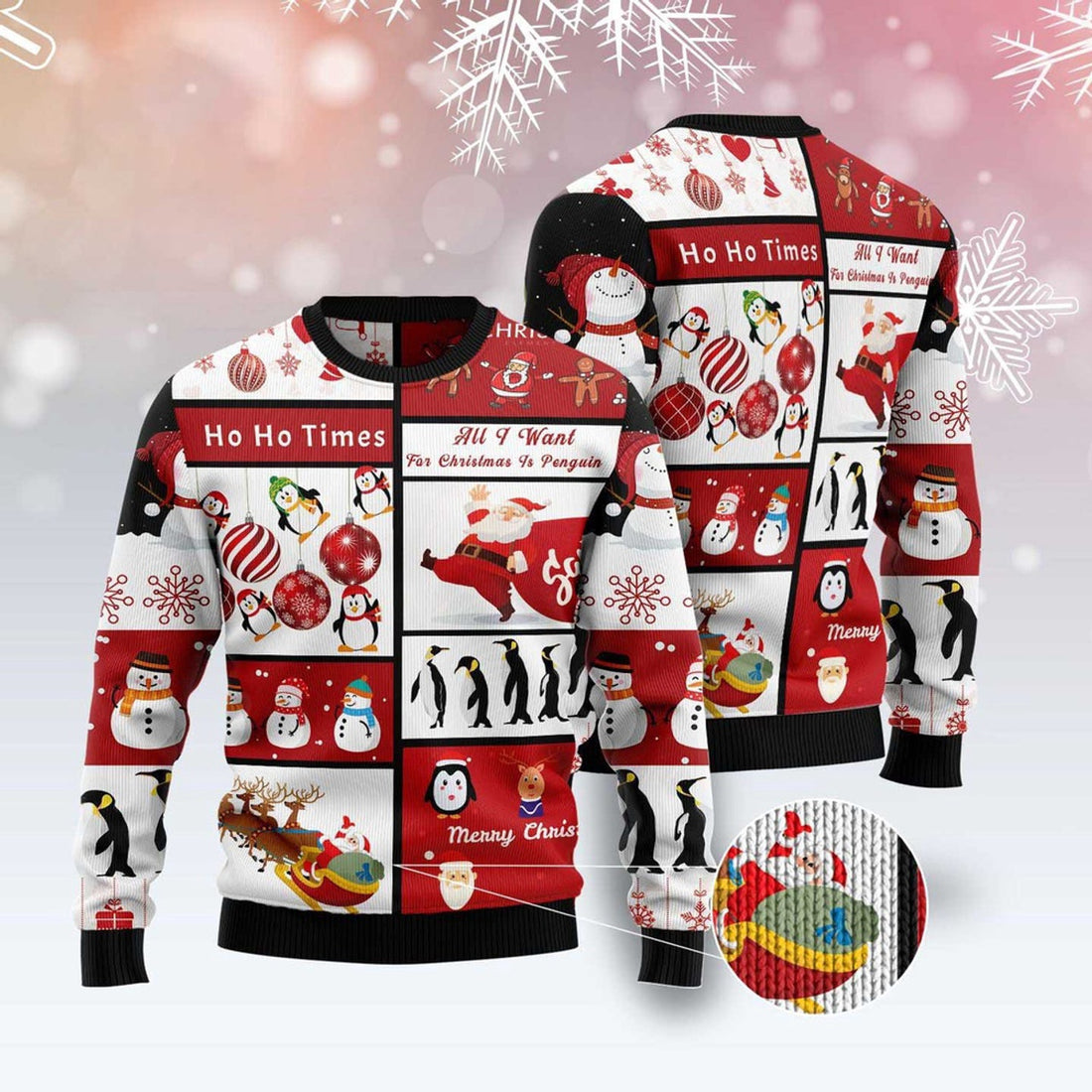 FUNSTUFFPRINT Cute Penguin Santa Claus Ugly Christmas Sweater, Christmas Sweater, Ugly Sweater, Funny Xmas Sweaters Ugly Sweater