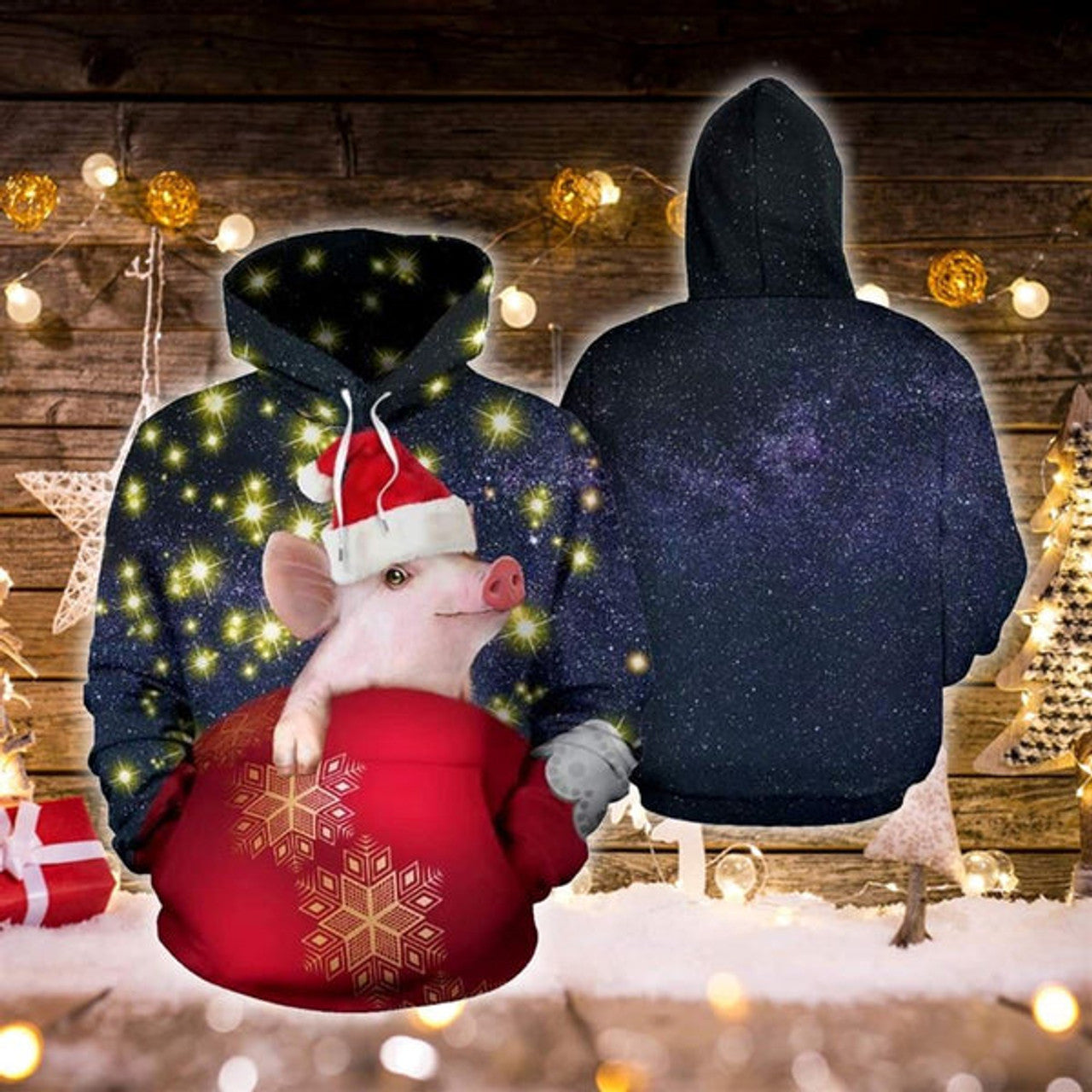 FUNSTUFFPRINT 3D Cute Pig Christmas All Over 3D Hoodie and Zip Hoodie