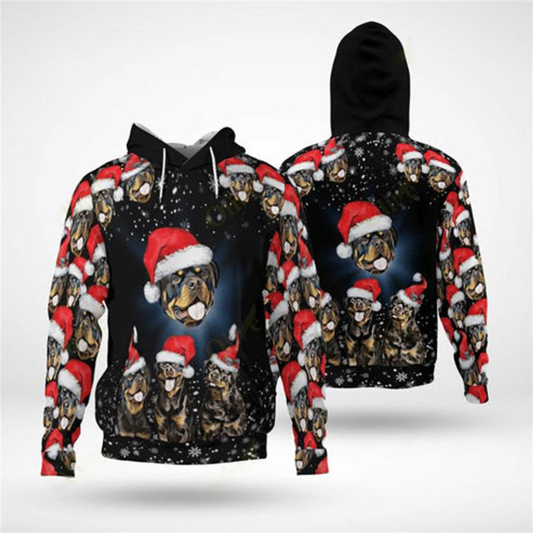 FUNSTUFFPRINT 3D Cute Rottweiler Wearing Christmas All Over 3D Hoodie and Zip Hoodie