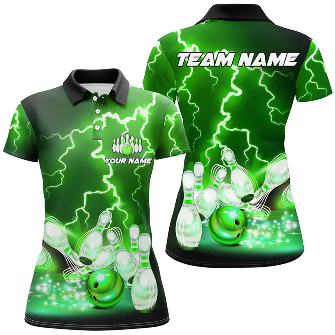 Custom Women bowling polo shirts Custom green lightning thunder Bowling Team Jersey, gift for team Bowlers
