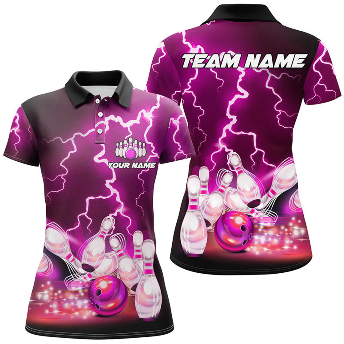 Custom Women Bowling Polo Shirts Custom Purple Lightning Thunder Bowling Team Jersey, Gift For Team Bowlers