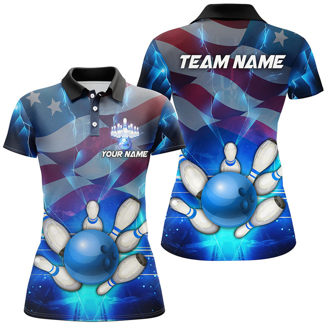 Custom American flag blue Custom Bowling Polo Shirts For Women patriotic Bowling Team League Jerseys