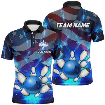 FUNSTUFFPRINT merican flag blue Custom Bowling Polo Shirts For Men patriotic Bowling Polo Shirt Size S-5XL
