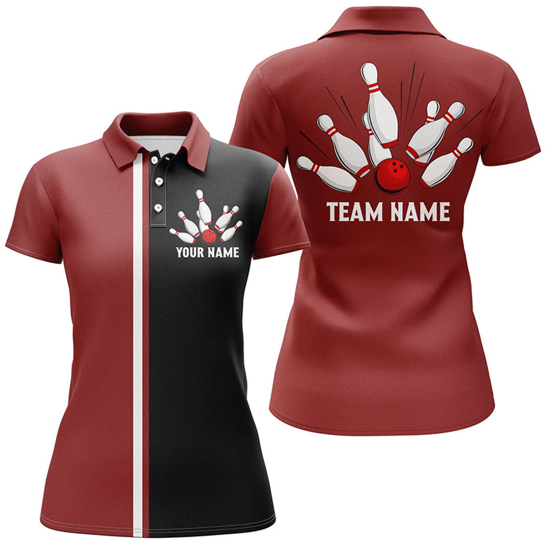 Custom Personalized Red White And Black Retro Bowling Polo Shirt For Women Custom Vintage Bowling Team Jerseys