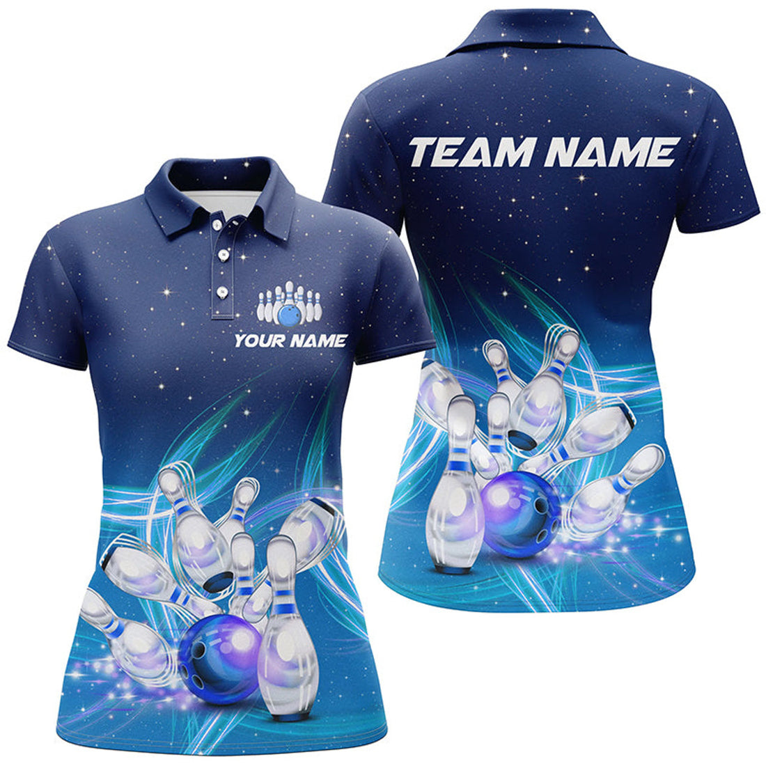 Custom Women Bowling Polo Shirts Custom Blue Lightning Thunder Bowling Team Jersey, Gift For Team Bowlers