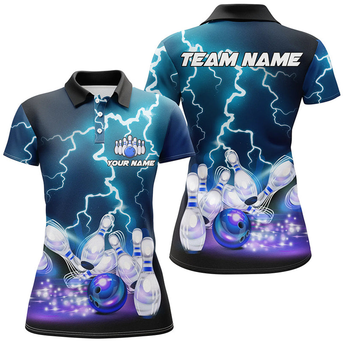 Custom Women Bowling Polo Shirts Custom Blue Lightning Thunder Bowling Team Jersey, Gift For Team Bowlers