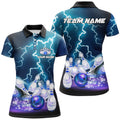 Custom Women Bowling Polo Shirts Custom Blue Lightning Thunder Bowling Team Jersey, Gift For Team Bowlers