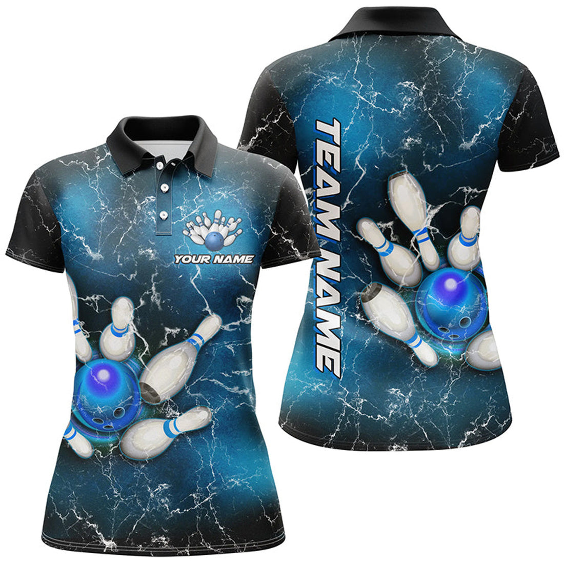 Custom Women Bowling Polo Shirts Custom Blue Lightning Thunder Bowling Team Jersey, Gift For Team Bowlers