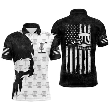 FUNSTUFFPRINT Disc Golf Basket Pattern Black Skull American Flag Mens Polo Shirt Disc Golf Gifts For Men Polo Shirt Size S-5XL