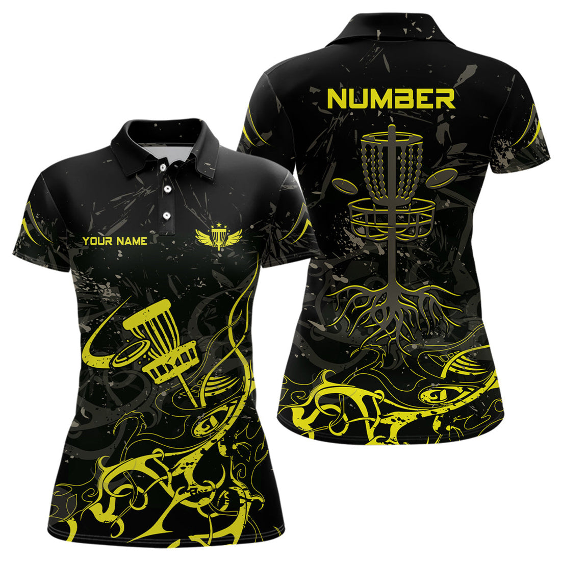 Custom Yellow Camo Black Womens Disc Golf Polo Shirt Custom Disc Golf Basket Tree Personalized Golf Gift