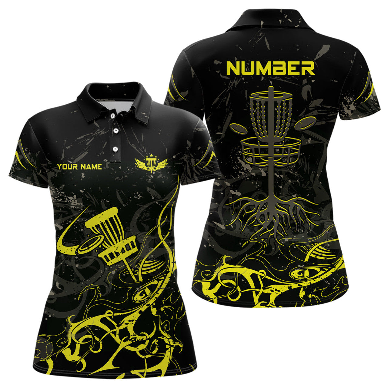 Custom Yellow Camo Black Womens Disc Golf Polo Shirt Custom Disc Golf Basket Tree Personalized Golf Gift