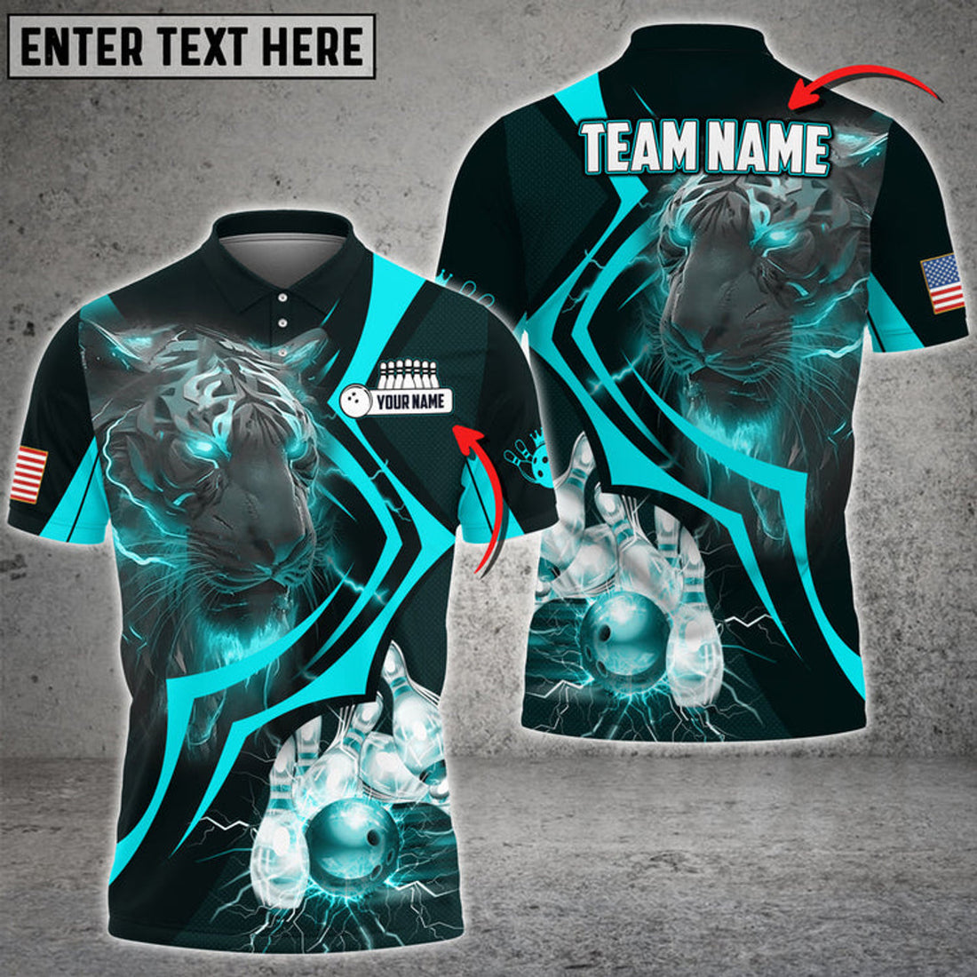 Custom Bowling And Pins Neon Tiger Multicolored Bowling Jerseys Custom Name And Team Name 3D Polo Shirt