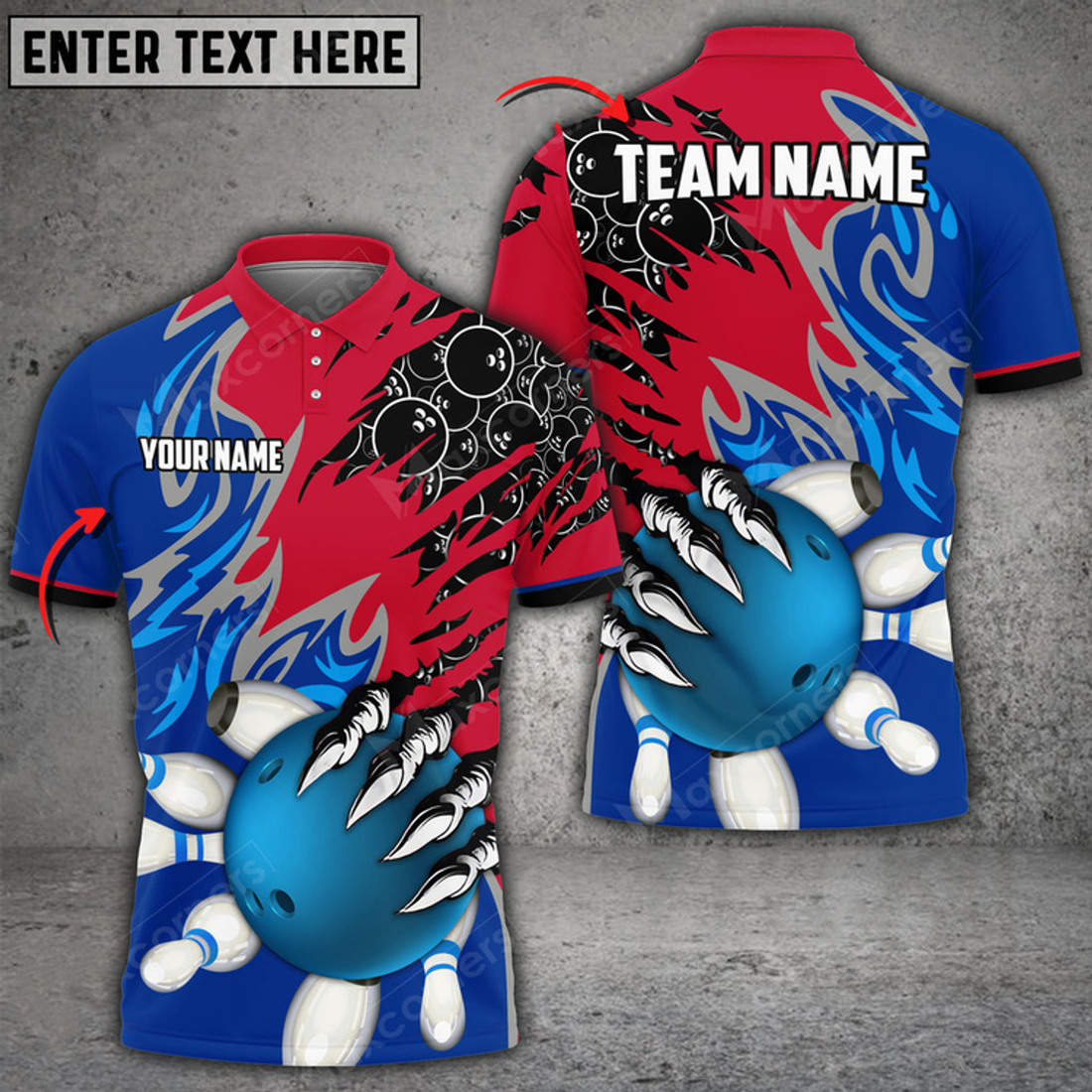 Custom Bowling And Pins Evil Art Pattern Multicolored Bowling Jerseys Custom Name And Team 3D Polo Shirt