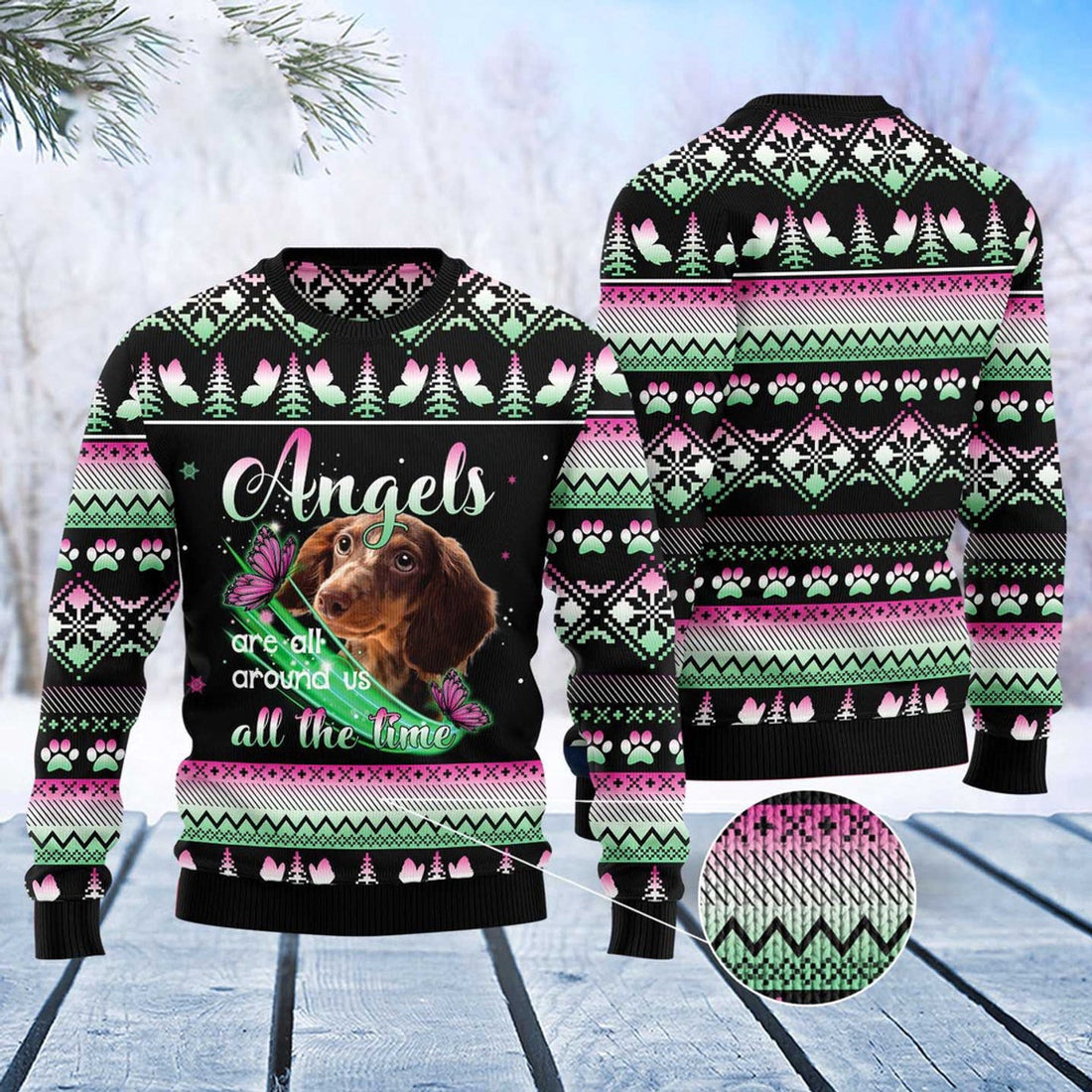 FUNSTUFFPRINT Dachshund Angel Ugly Christmas Sweater, Christmas Sweater, Ugly Sweater, Funny Xmas Sweaters Ugly Sweater
