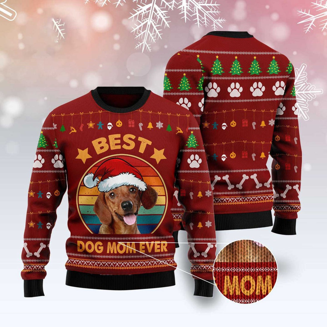 FUNSTUFFPRINT Dachshund Best Dog Mom Ever Ugly Christmas Sweater, Dog Ugly Christmas Sweater, Ugly Dog Sweaters Ugly  Sweater