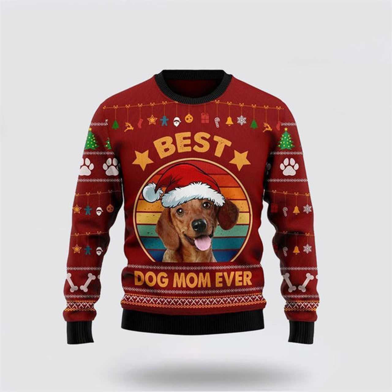 FUNSTUFFPRINT Dachshund Best Dog Mom Ever Ugly Christmas Sweater For Men And Women, Gift For Christmas, Best Winter Christmas Outfit Ugly  Sweater