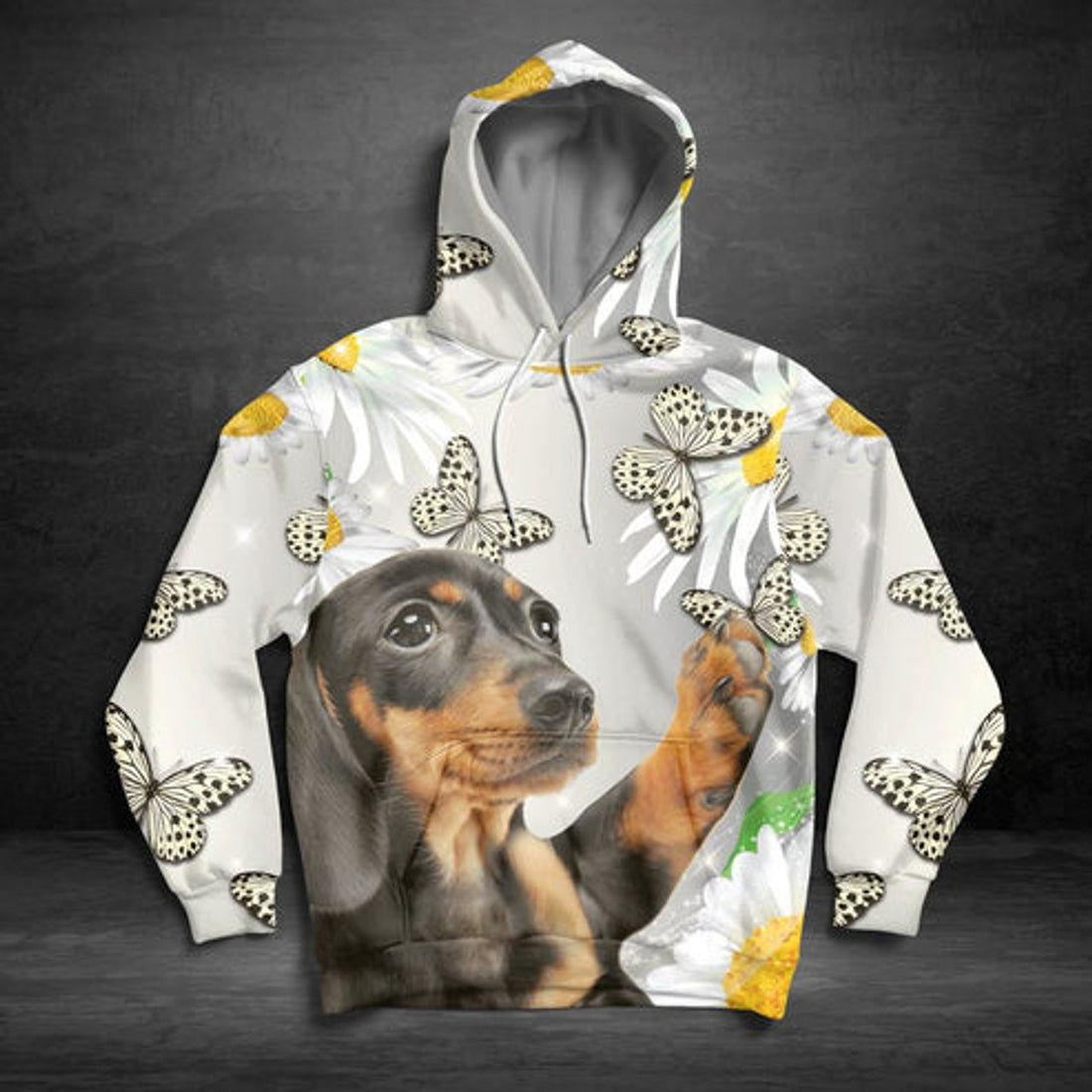 FUNSTUFFPRINT 3D Dachshund Butterfly Daisy All Over 3D Hoodie and Zip Hoodie