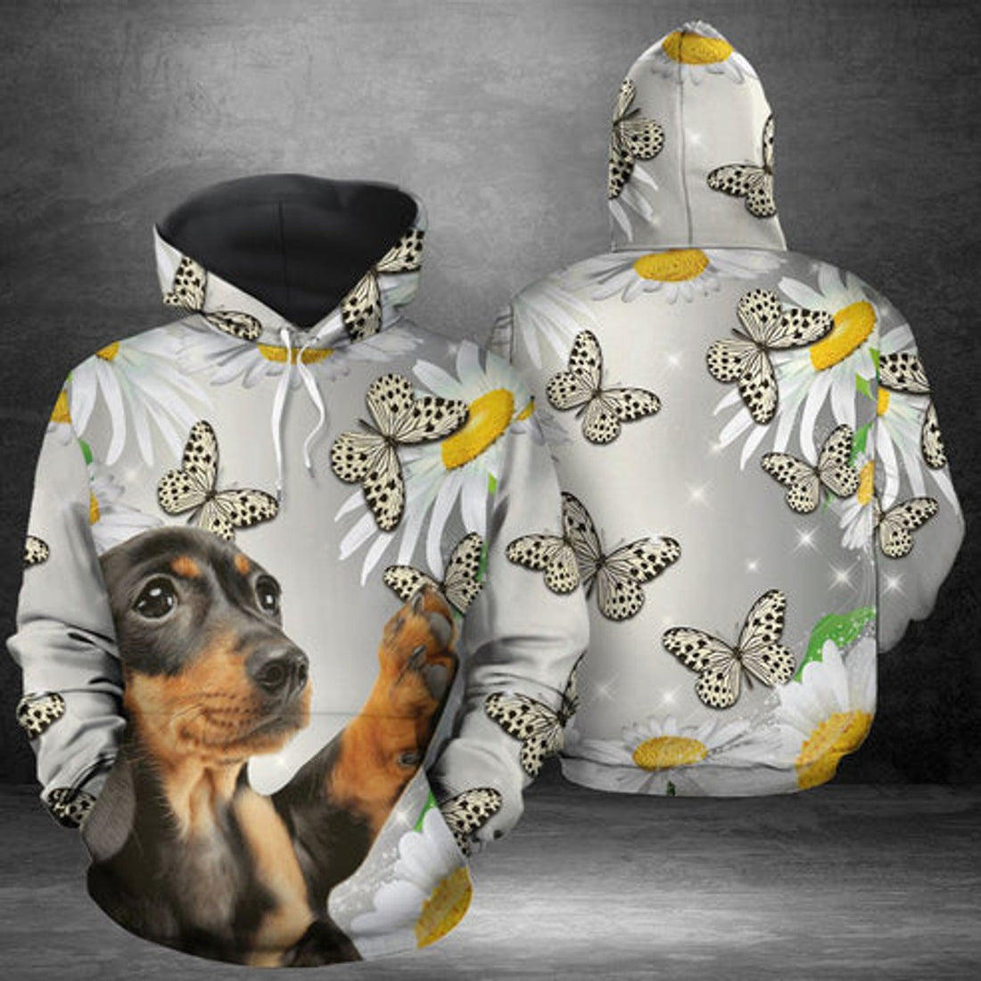 FUNSTUFFPRINT 3D Dachshund Butterfly Daisy All Over 3D Hoodie and Zip Hoodie