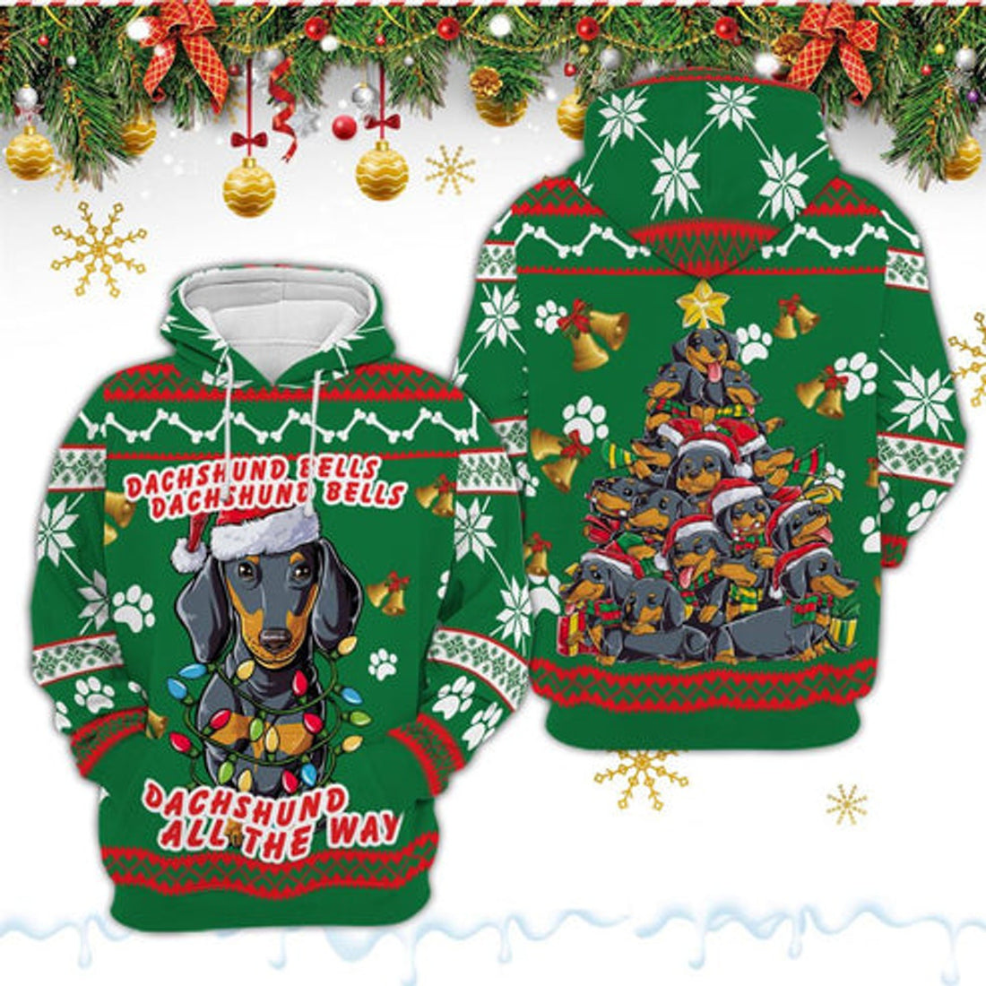 FUNSTUFFPRINT 3D Dachshund Dog Bells Christmas All Over 3D Hoodie and Zip Hoodie