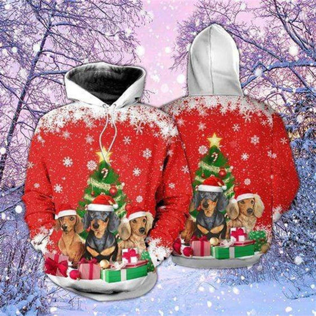 FUNSTUFFPRINT 3D Dachshund Dog Christmas All Over 3D Hoodie and Zip Hoodie