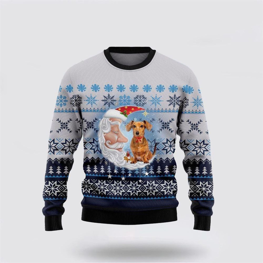 FUNSTUFFPRINT Dachshund Dog Love Santa Moon Ugly Christmas Sweater – Dog Lover Christmas Sweater Ugly  Sweater