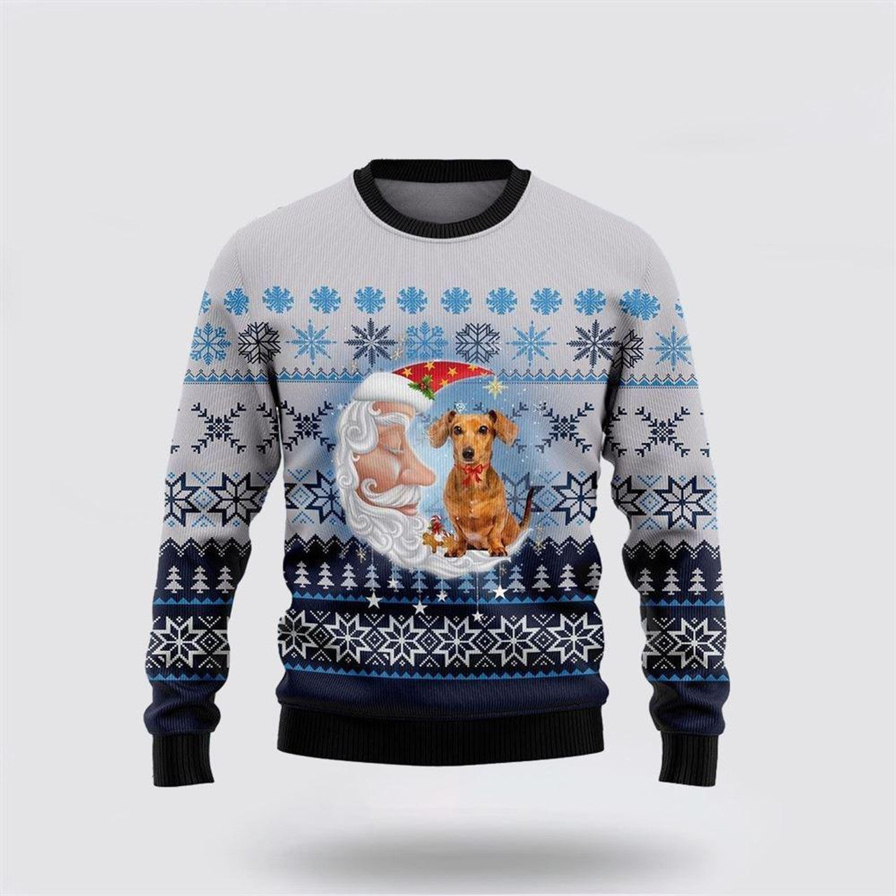 FUNSTUFFPRINT Dachshund Dog Love Santa Moon Ugly Christmas Sweater – Dog Lover Christmas Sweater Ugly  Sweater