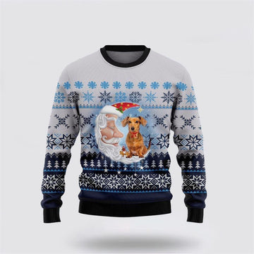 FUNSTUFFPRINT Dachshund Dog Love Santa Moon Ugly Christmas Sweater – Dog Lover Christmas Sweater Ugly  Sweater