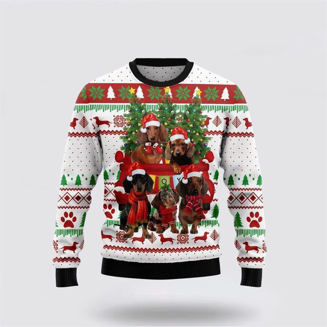 FUNSTUFFPRINT Dachshund Dog Red Truck Ugly Christmas Sweater – Dog Lover Christmas Sweater Ugly  Sweater