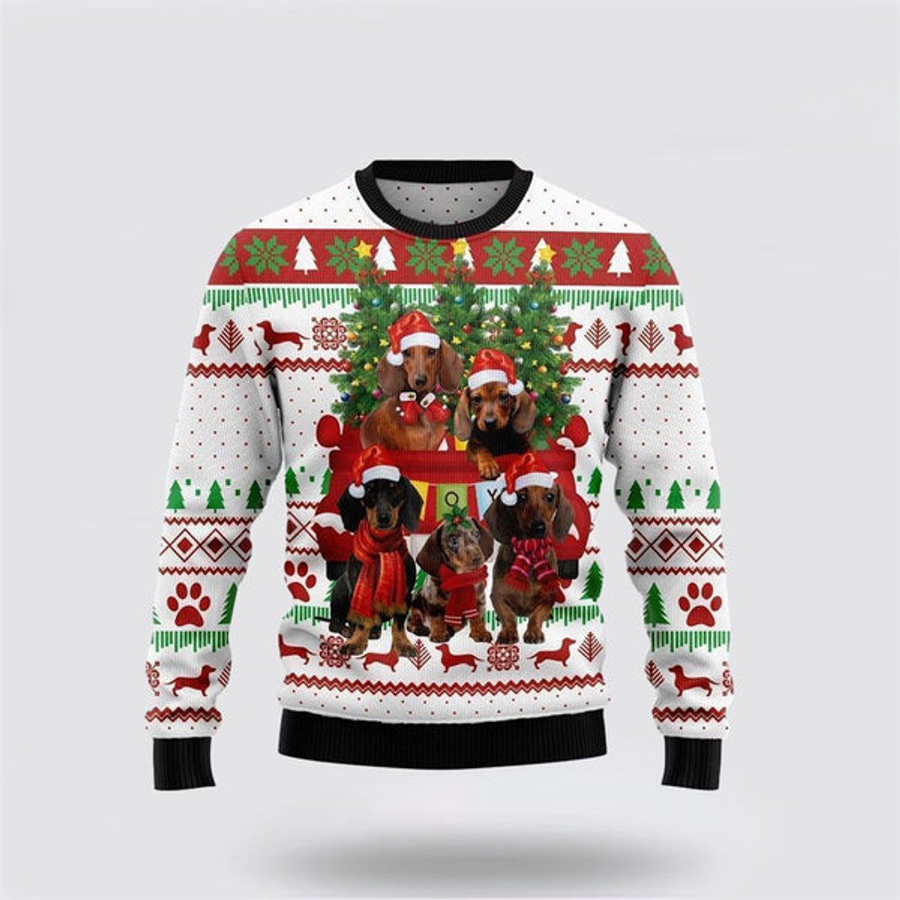 FUNSTUFFPRINT Dachshund Dog Red Truck Ugly Christmas Sweater For Men And Women, Gift For Christmas, Best Winter Christmas Outfit Ugly  Sweater