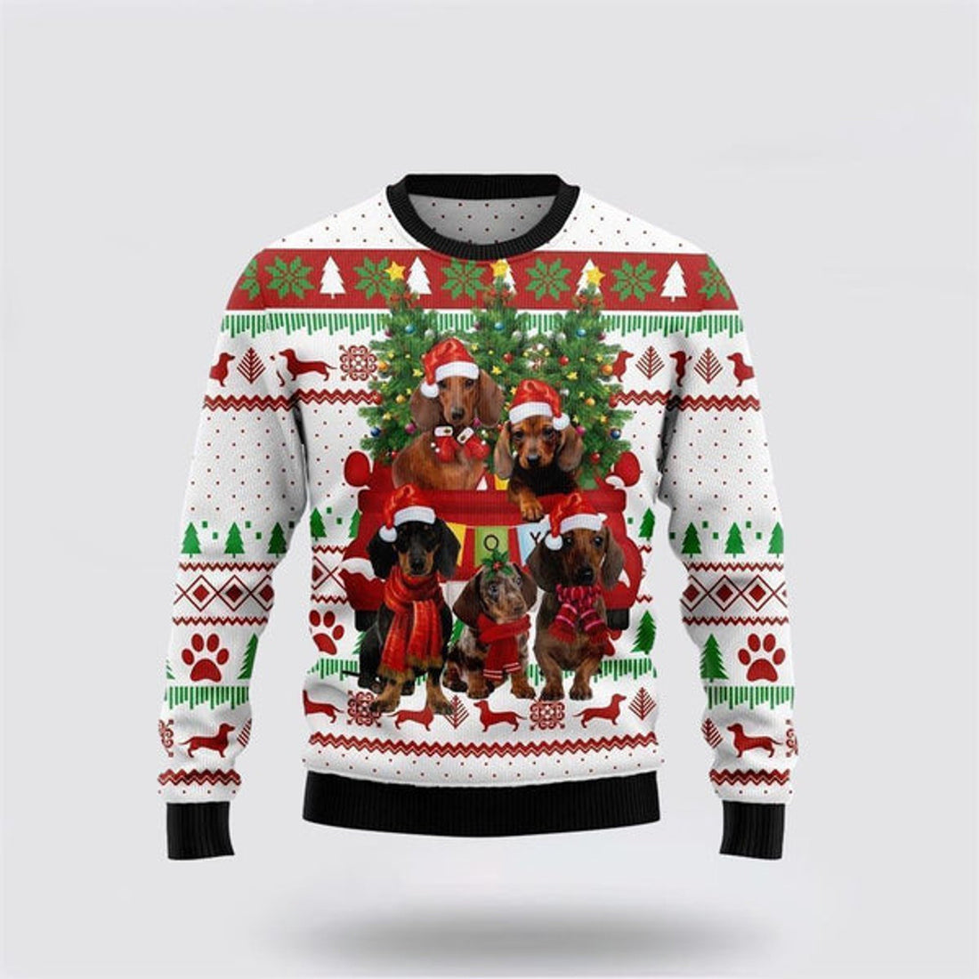 FUNSTUFFPRINT Dachshund Dog Red Truck Ugly Christmas Sweater For Men And Women, Gift For Christmas, Best Winter Christmas Outfit Ugly  Sweater