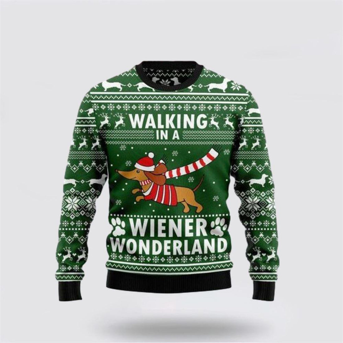 FUNSTUFFPRINT Dachshund Dog Walking In A Wiener Wonderland Ugly Christmas Sweater – Dog Lover Christmas Sweater Ugly  Sweater