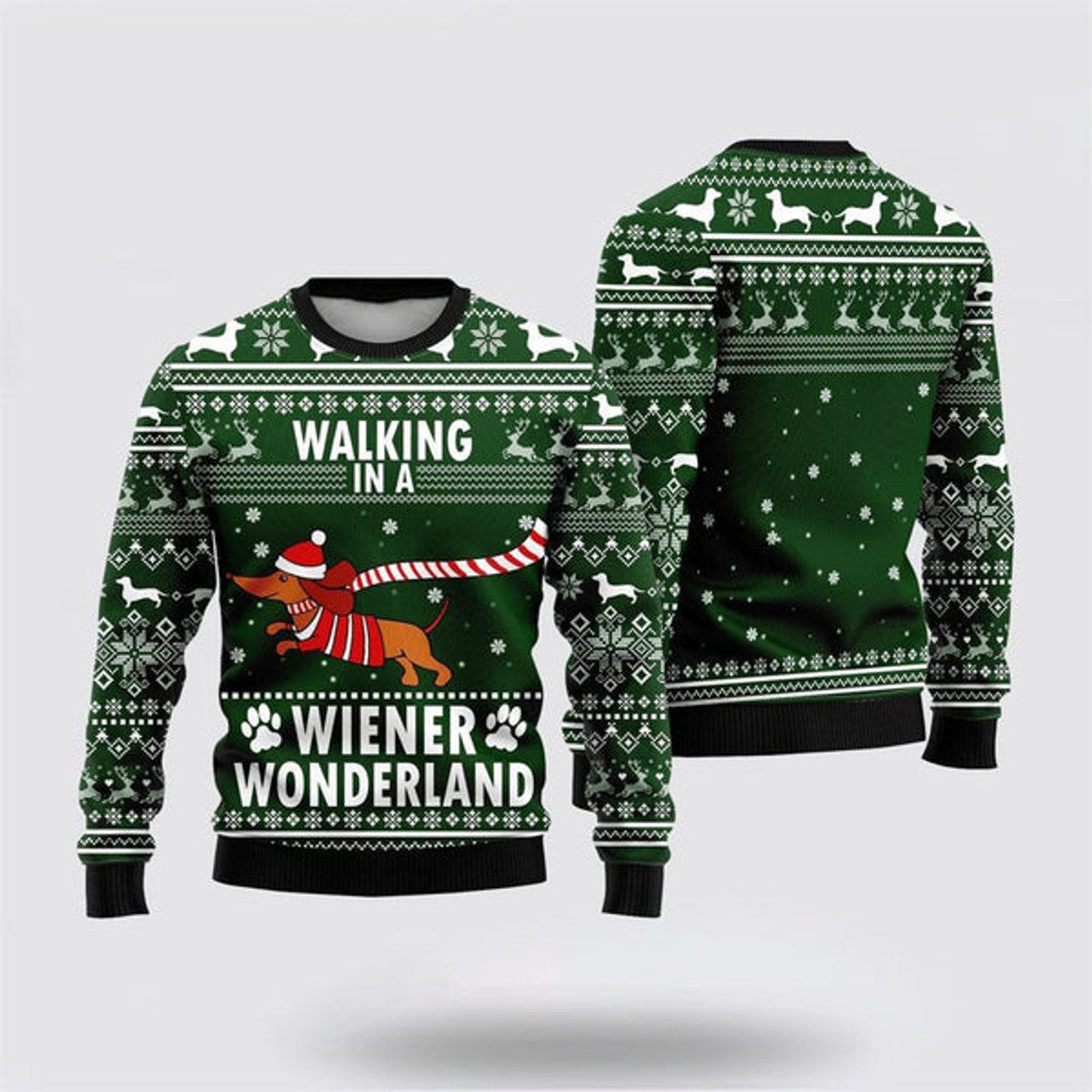 FUNSTUFFPRINT Dachshund Dog Walking In A Wiener Wonderland Ugly Christmas Sweater For Men And Women, Gift For Christmas, Best Winter Christmas Outfit Ugly  Sweater