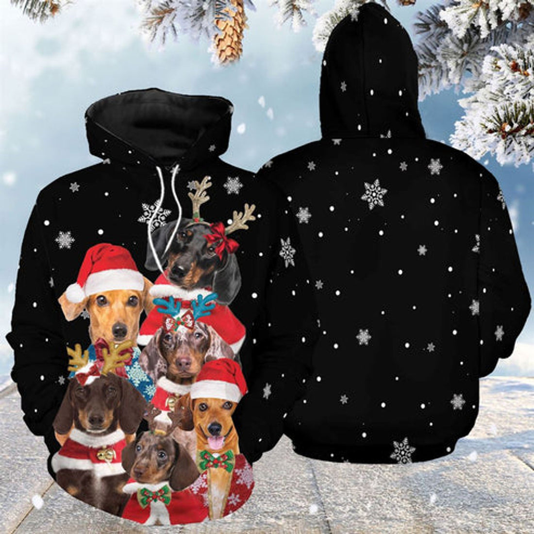 FUNSTUFFPRINT 3D Dachshund Hello Christmas All Over 3D Hoodie and Zip Hoodie