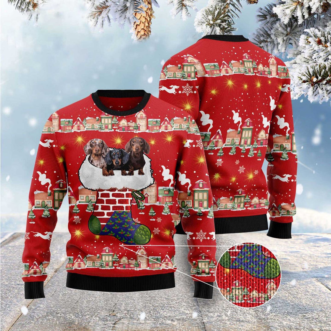 FUNSTUFFPRINT Dachshund Light Up Ugly Christmas Sweater, Christmas Sweater, Ugly Sweater, Funny Xmas Sweaters Ugly Sweater