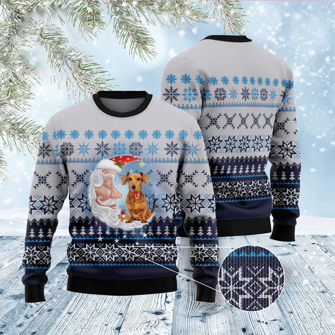 FUNSTUFFPRINT Dachshund Love Santa Moon Ugly Christmas Sweater, Christmas Sweater, Ugly Sweater, Funny Xmas Sweaters Ugly Sweater