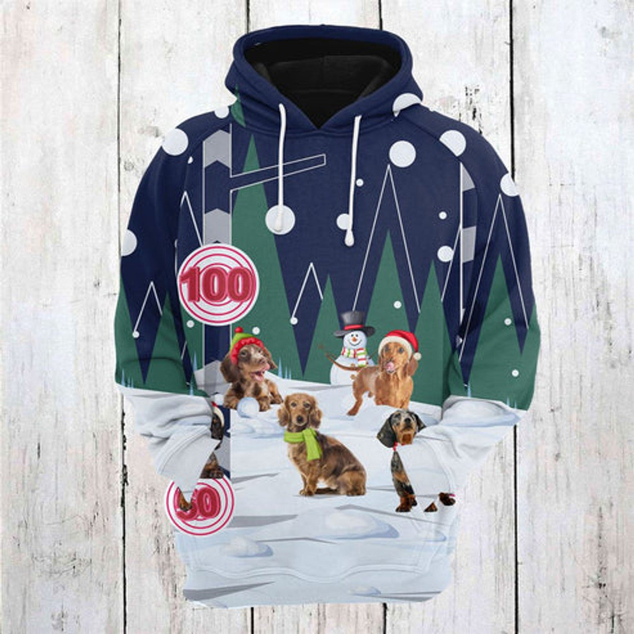 FUNSTUFFPRINT 3D Dachshund Playing Christmas All Over 3D Hoodie and Zip Hoodie