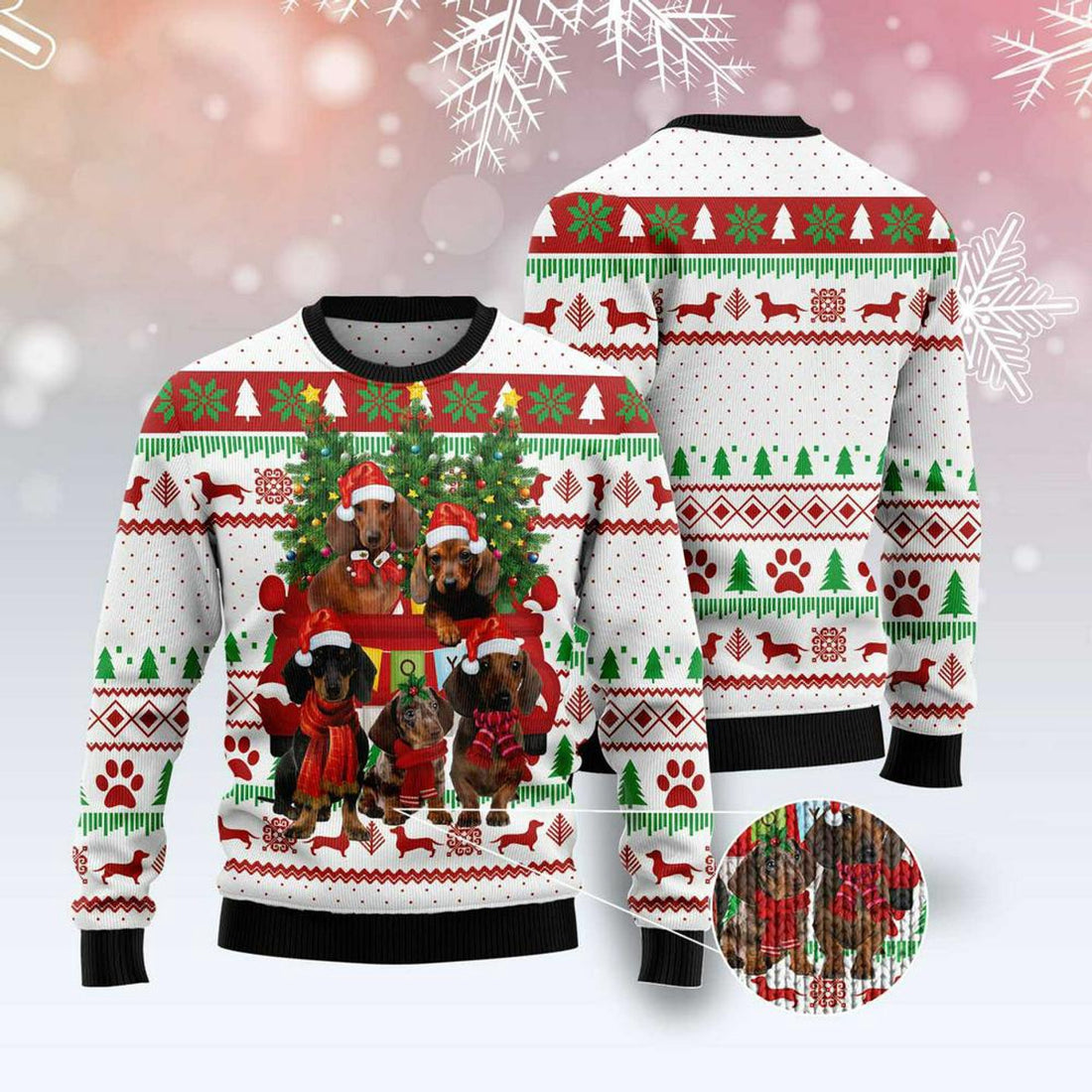 FUNSTUFFPRINT Dachshund Red Truck Christmas Tree Ugly Christmas Sweater, Xmas Tree Sweater, Christmas Sweater Ugly  Sweater