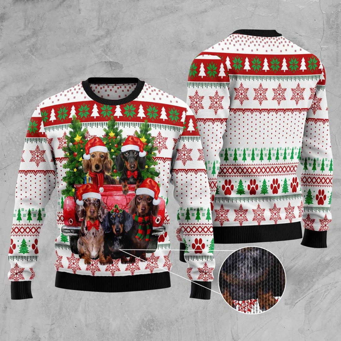 FUNSTUFFPRINT Dachshund Red Truck Ugly Christmas Sweater, Christmas Sweater, Ugly Sweater, Funny Xmas Sweaters Ugly Sweater