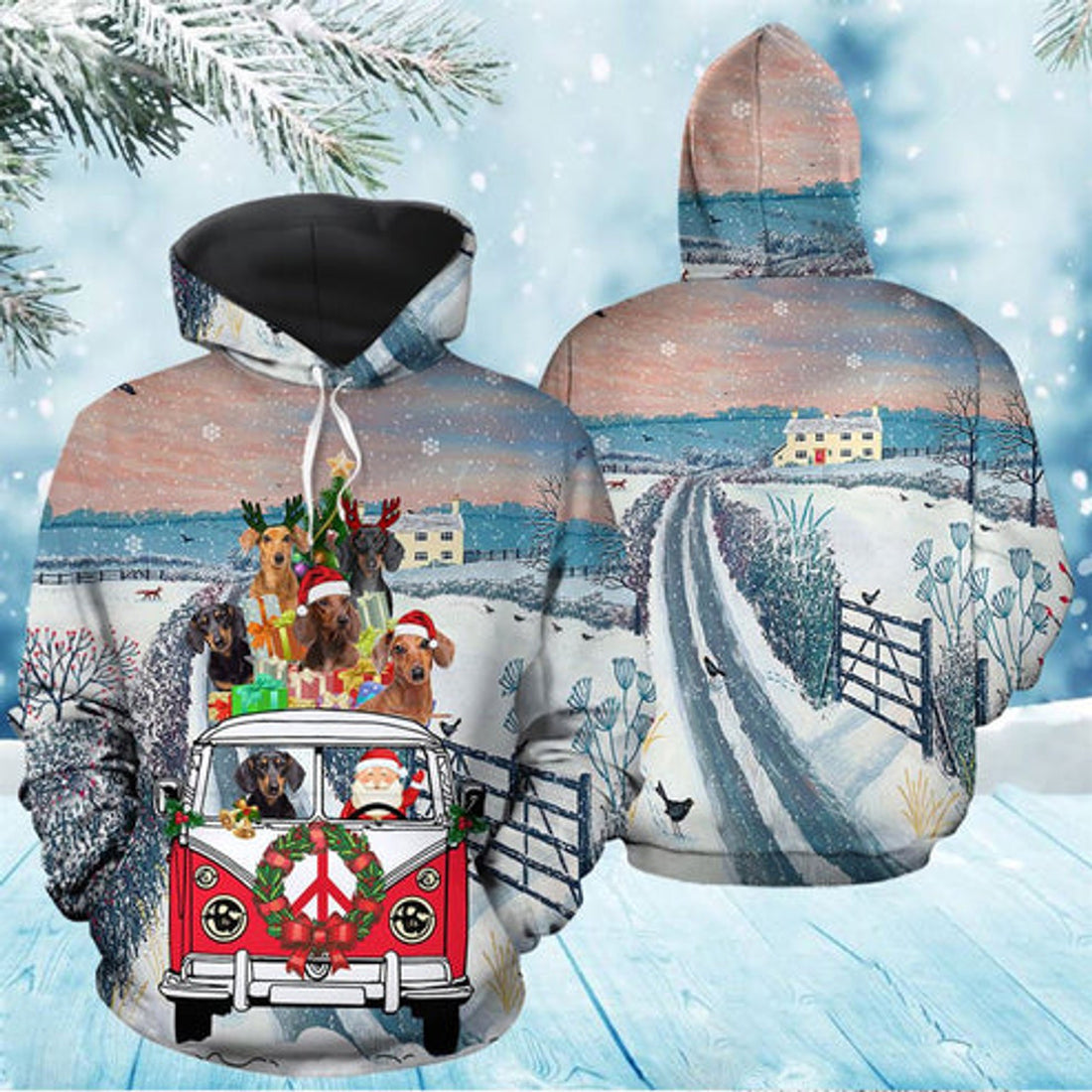 FUNSTUFFPRINT 3D Dachshund Santa Christmas All Over 3D Hoodie and Zip Hoodie