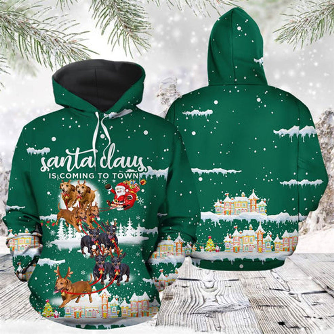 FUNSTUFFPRINT 3D Dachshund Santa Is Coming To Town All Over 3D Hoodie and Zip Hoodie
