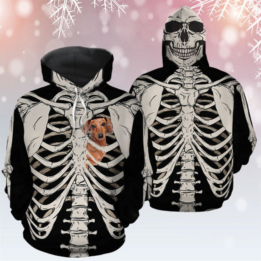 FUNSTUFFPRINT 3D Dachshund Skeleton All Over 3D Hoodie and Zip Hoodie