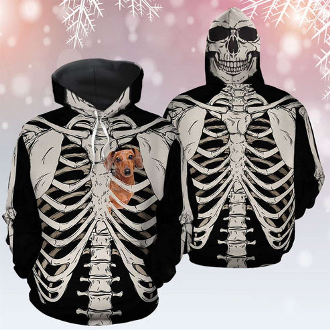 FUNSTUFFPRINT 3D Dachshund Skeleton All Over 3D Hoodie and Zip Hoodie