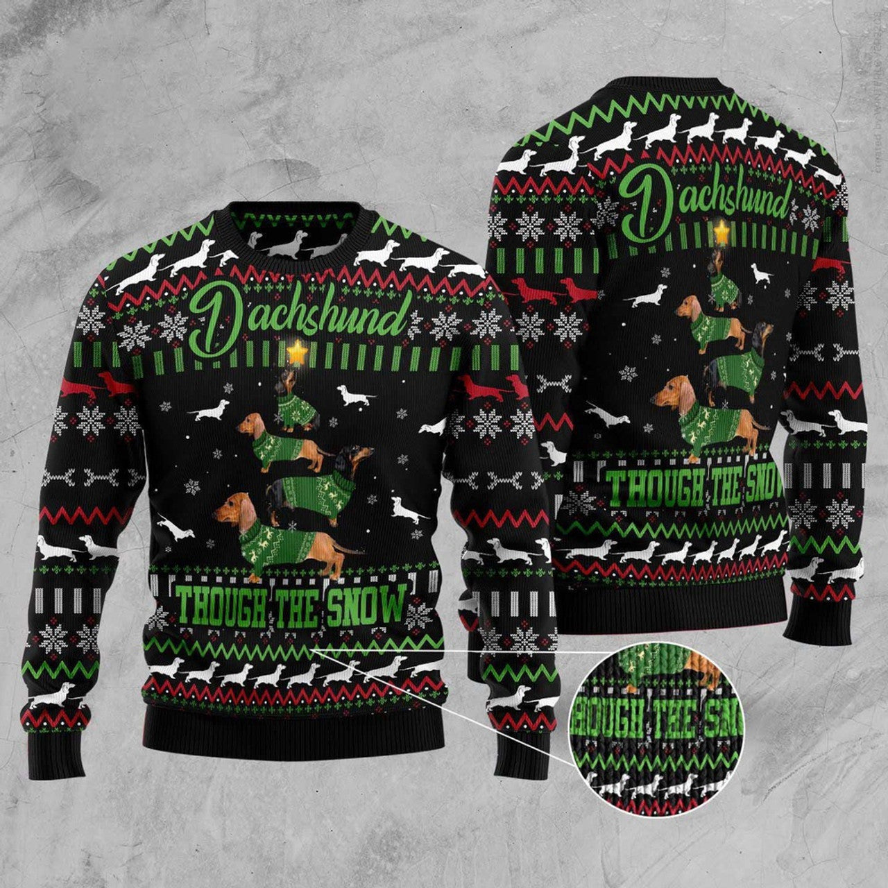 FUNSTUFFPRINT Dachshund Through Snow Christmas Ugly Christmas Sweater, Christmas Sweater, Ugly Sweater, Funny Xmas Sweaters Ugly Sweater