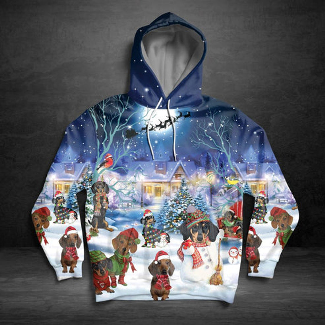FUNSTUFFPRINT 3D Dachshund Through The Snow All Over 3D Hoodie and Zip Hoodie