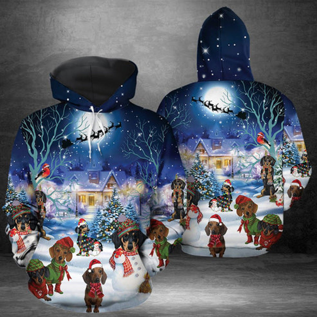FUNSTUFFPRINT 3D Dachshund Through The Snow All Over 3D Hoodie and Zip Hoodie