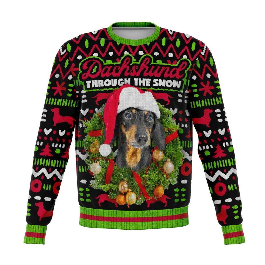 FUNSTUFFPRINT Dachshund Through The Snow Christmas Ugly Sweater, Christmas Sweater, Ugly Sweater, Funny Xmas Sweaters Ugly Sweater