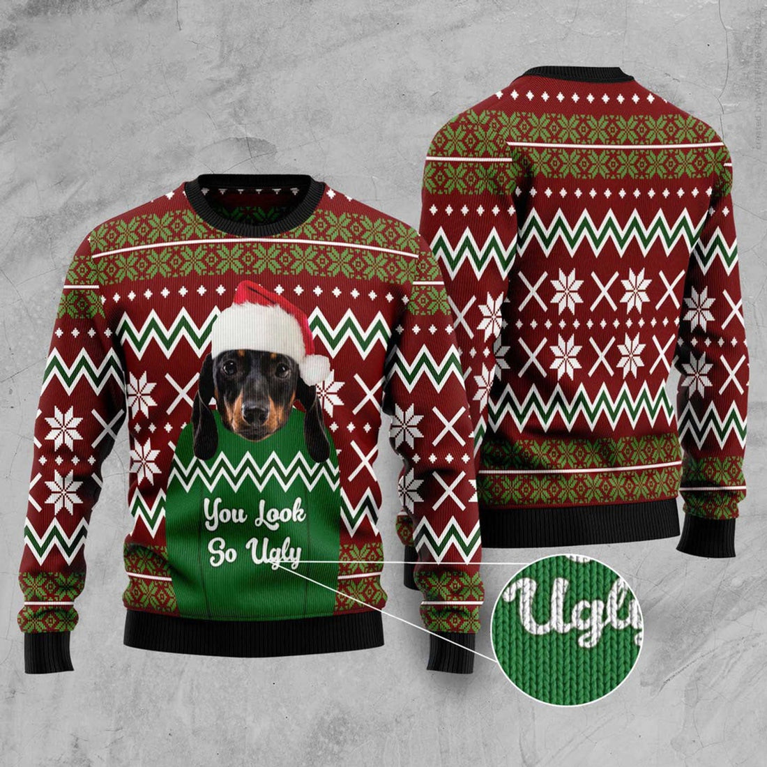 FUNSTUFFPRINT Dachshund You Look So Ugly Ugly Christmas Sweater, Christmas Sweater, Ugly Sweater, Funny Xmas Sweaters Ugly Sweater