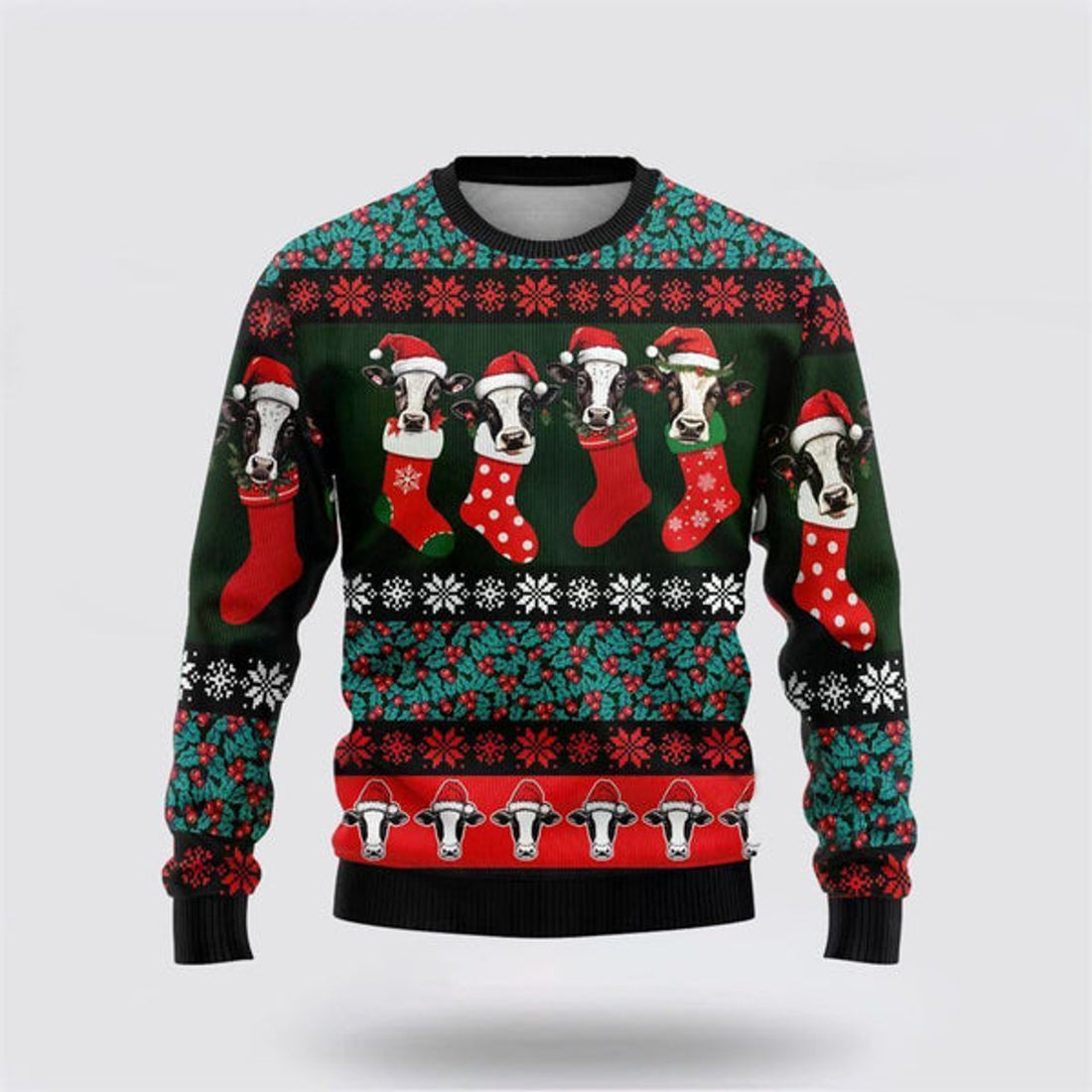 FUNSTUFFPRINT Dairy Cow Stocking Ugly Christmas Sweater, Farm Sweater, Christmas Gift, Best Winter Outfit Christmas Ugly Sweater
